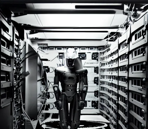 Image similar to high detailed industreal cyborg working in sci - fi server room. cinematic shot from odyssey 2 0 0 1 by stanley kubrick