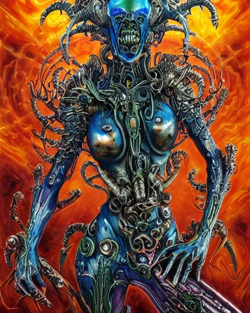 Image similar to silver mechanical charred bloody fleshmetal obliterator cyborg daemonhost woman psychedelic flamer of tzeentch with extra arms guns, blue and green rainbow fire, by antonio j. manzanedo, alex grey, android jones, wayne barlowe, philippe druillet, josephine wall, harumi hironaka, cronenburg, trending on artstation