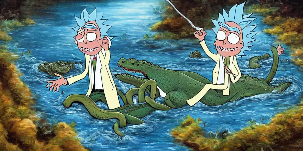 Prompt: rick sanchez from rick and morty falls into a river and gets eaten by a crocodile. official artwork as a beautiful oil painting