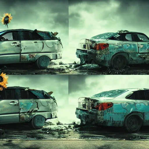 Image similar to two car wrecks on top of eachother, rusty, with graffiti of sun flowers on them, torn, war, realistic photo, octane render, cinematic lightning, 8 k, volumetric illumination