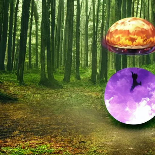 Prompt: a purple fox with a long fluffy and shiny coat sits in the forest on a ufo flying saucer. super realistic photo. clear details