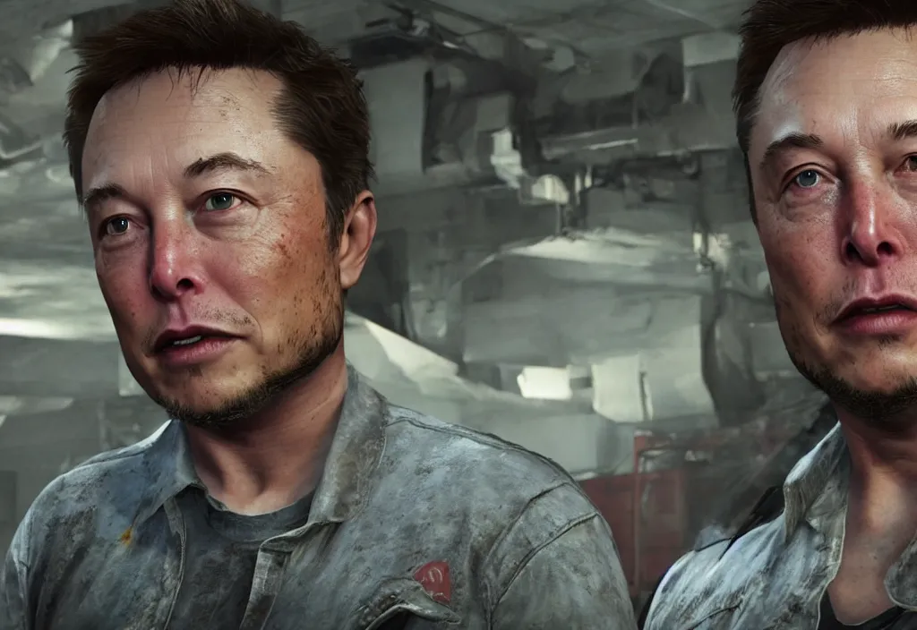 Image similar to elon musk in the video game in the last of us, gameplay screenshot, close up, 3 d rendering. unreal engine. amazing likeness. very detailed.