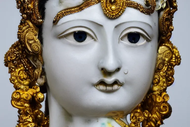 Prompt: full head and shoulders, beautiful female, colourful porcelain sculpture, hindu god, with lots of ornate gold leaf, attached to head by daniel arsham and james jean, on a white background, delicate facial features,