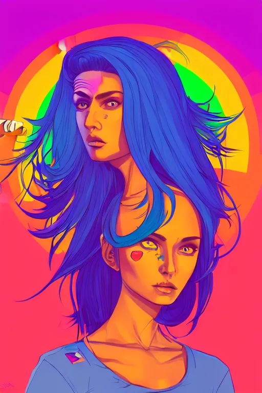 Image similar to a award winning half body portrait of a beautiful woman with stunning eyes in a croptop and cargo pants with rainbow colored ombre hairstyle head in motion and hair flying by josan gonzales, outrun, vaporware, shaded flat illustration, digital art, trending on artstation, highly detailed, fine detail, intricate