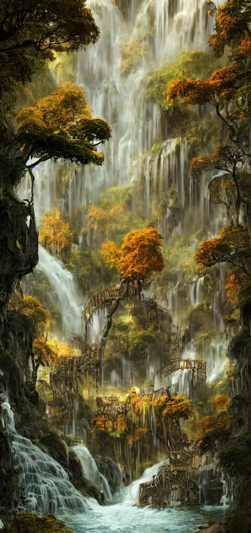 Image similar to wooden elven City with golden roofs, arches and bridges on top of a WATERFALL in the fall, gnarly trees, lush vegetation, forrest, a small stream runs beneath the waterfall, landscape, raphael lacoste, eddie mendoza, alex ross, john howe, concept art, matte painting, highly detailed, rule of thirds, dynamic lighting, cinematic, detailed, denoised, centerd, clean render