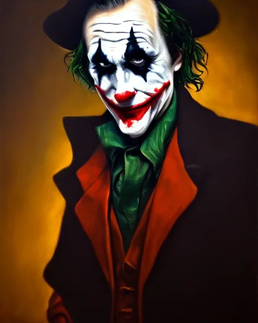 Prompt: joker, portrait, oil painting, old masters, rembrandt light, classic, cinematic, highly detailed, 8 k