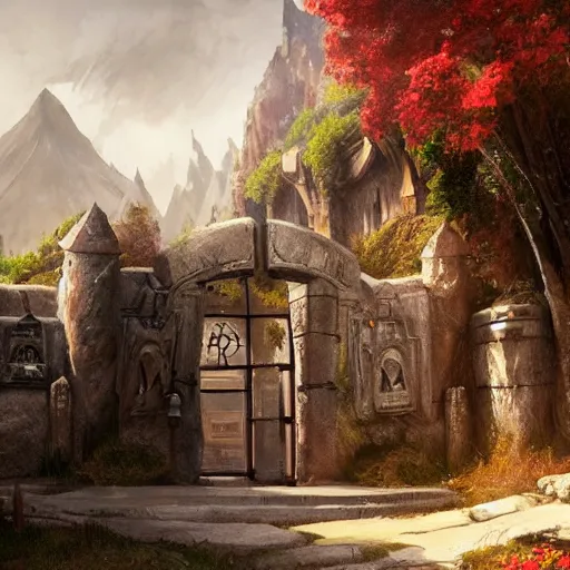 Image similar to beautiful digital painting of front gate of dwarf city of Erebor from Hobbit trending on Artstation, by Daniel Dociu and Greg Rutkowski, high quality, ultra detailed, ultra realistic, concept art, landscape, architecture, city gate