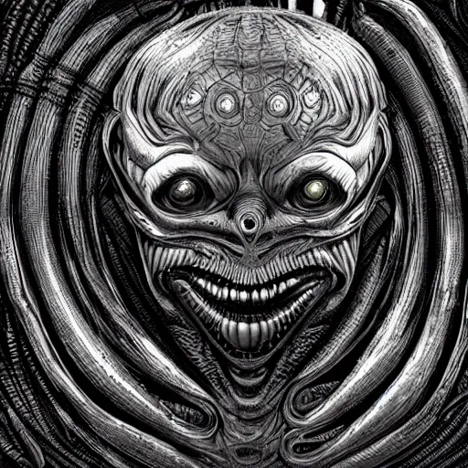 Prompt: space alien, slimy, glossy, sharp teeth, by h. r. giger, nightmare fuel, nightmarish, intricate, highly detailed, optical illusion, stranger things demogorgon, cave lighting, flickering
