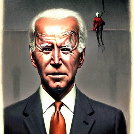 Image similar to presidential portrait of joe biden with smoking eyes and mouth as slenderman, by beksinski, jon mcnaughton, and stephen gammell