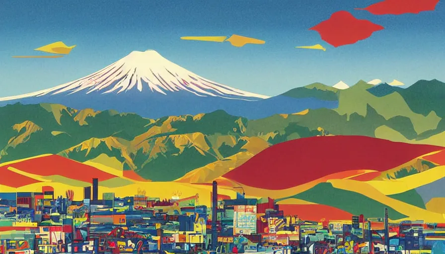 Prompt: award winning graphic design poster, cutouts constructing an contemporary art depicting a lone mount fuji and hills, rural splendor, and bullet train, isolated on white, and bountiful crafts, local foods, edgy and eccentric mixed media painting by Leslie David and Lisa Frank for juxtapose magazine