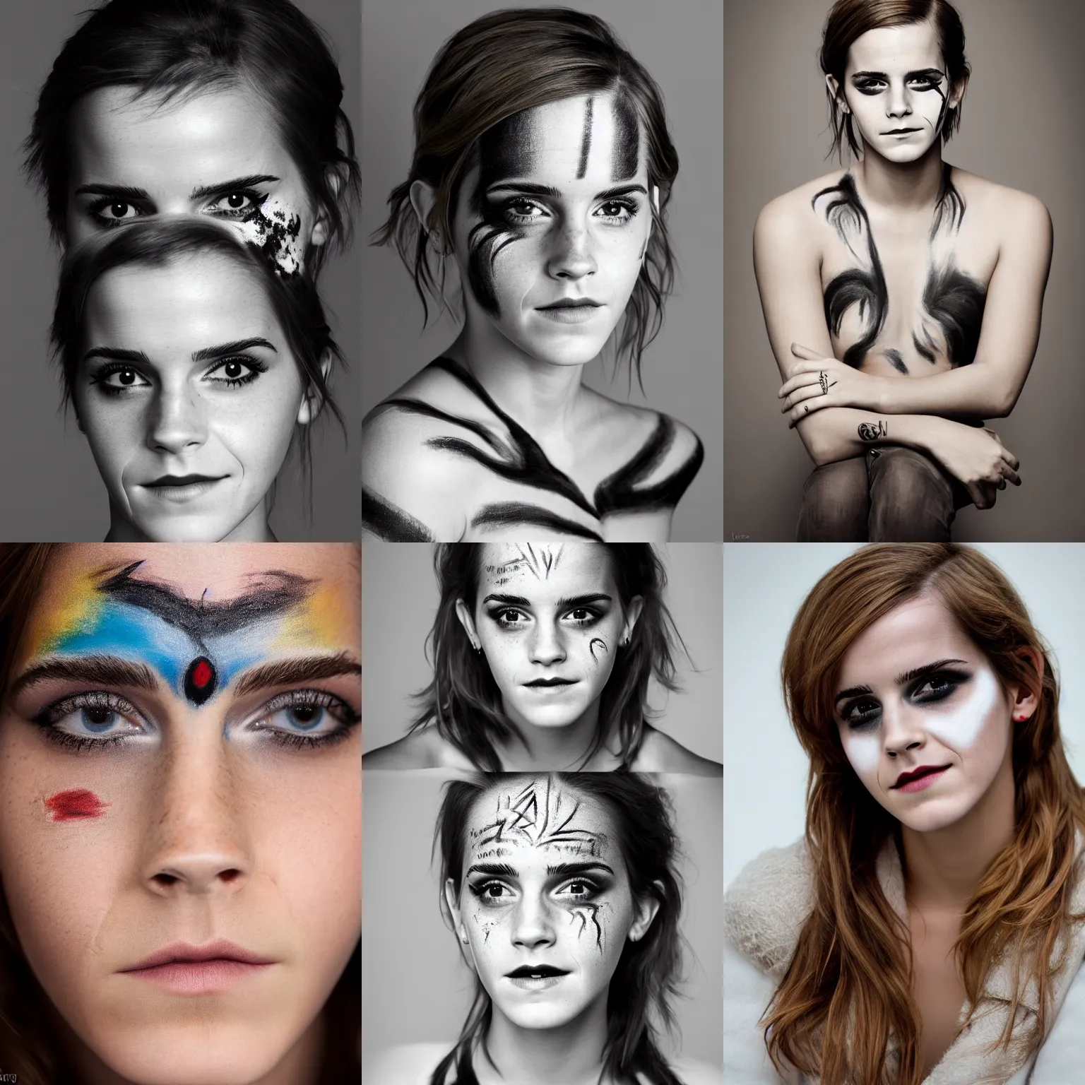 Prompt: Emma Watson with facepaint headshot, 200mm, canon, f/22