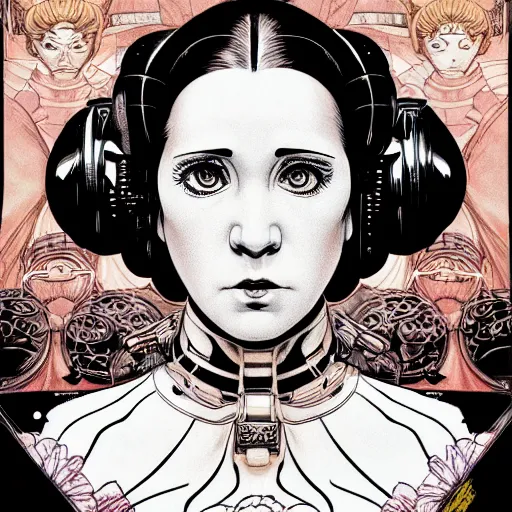 Image similar to portrait closeup of crazy princess leia, symmetrical, by yoichi hatakenaka, masamune shirow, josan gonzales and dan mumford, ayami kojima, takato yamamoto, barclay shaw, karol bak, yukito kishiro