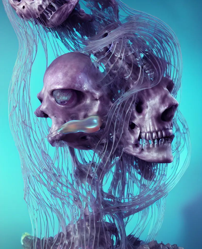 Image similar to goddess close - up portrait human skeleton, ram skull, jellyfish, orchid, betta fish, bioluminiscent, intricate artwork by tooth wu and wlop and beeple. octane render, trending on artstation, greg rutkowski very coherent symmetrical artwork. cinematic, hyper realism, high detail, octane render, 8 k