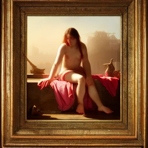 Prompt: portrait of a young women bathing in blood wearing a thin robe, highly detailed painting by aivazovski 8 k