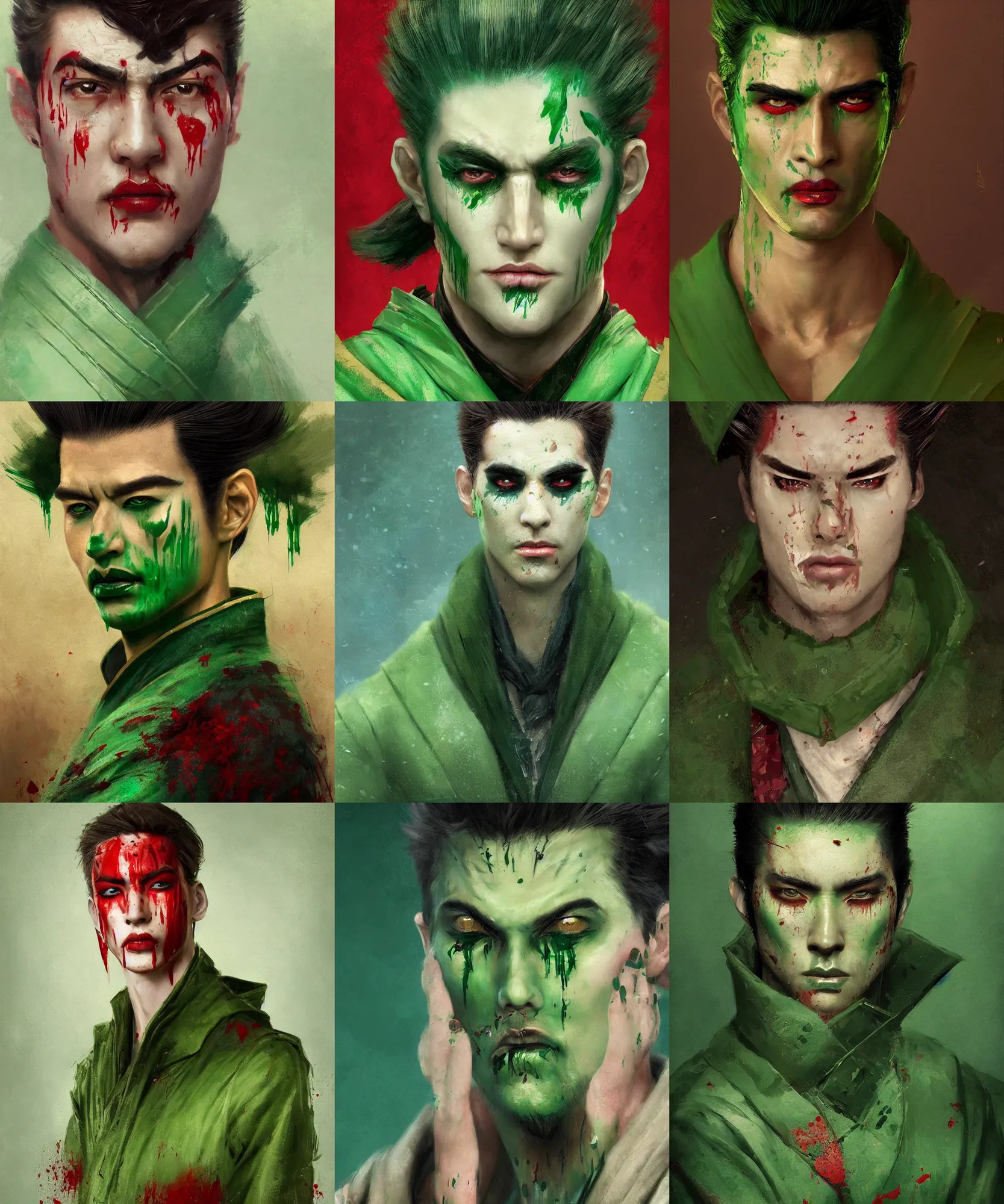 Prompt: digital art painting of young handsome guy extremely masculine face dnd portrait, blood tears, remarkable geisha make up, wearing a green jacket painted by craig mullins and gaston bussiere and greg rutkowski, symmetrical face, defined facial features, symmetrical facial features, dramatic lighting, close up