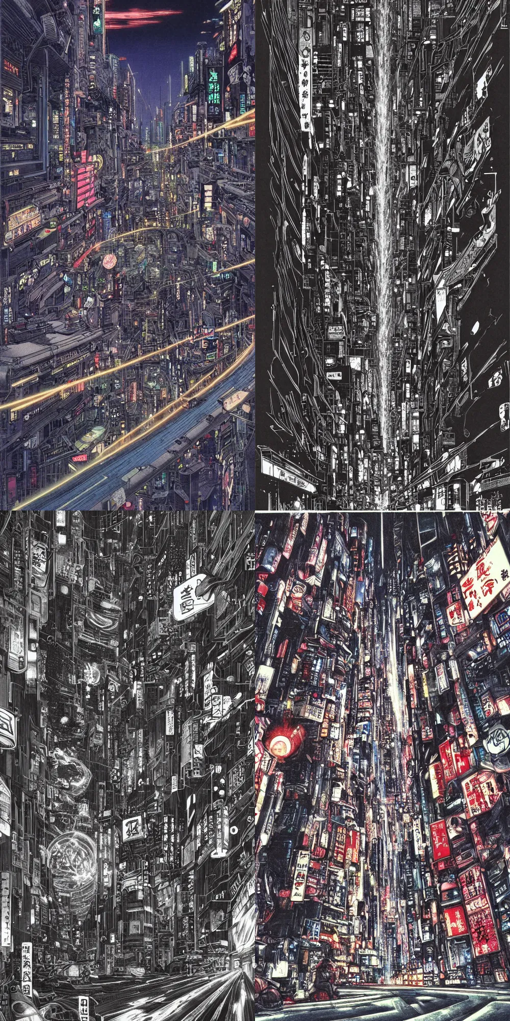 Image similar to beautiful and detailed anime drawing of an AKIRA-like cyberpunk city landscape with light trail from a motorcycle at the bottom and a bridge silhouette at the top, japan at night, 1980s, by Katsuhiro Otomo and mamoru oshii, wide angle, worm\'s eye view, grand, clean