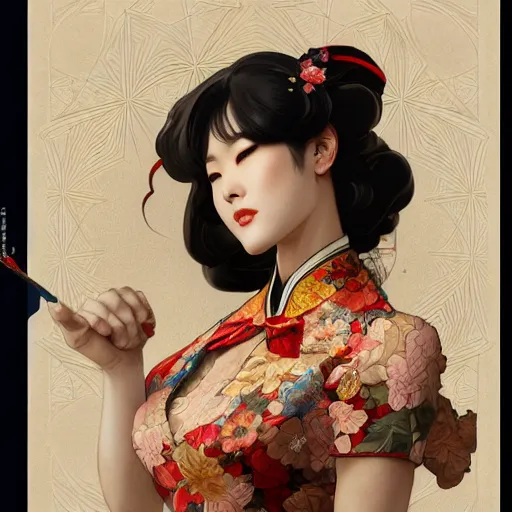 Prompt: a japanese showgirl with chinese cheongsam, detailed faces, digital concept art by artgerm, greg rutkowski and alphonse mucha, 8 k, hyper detailed