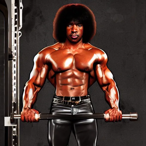 Image similar to Rick james with the physique of a body builder, realistic, detailed, cinematic, dynamic lighting, photorealistic, refined, intricate, digital art, background a gym, masterpiece, 8k