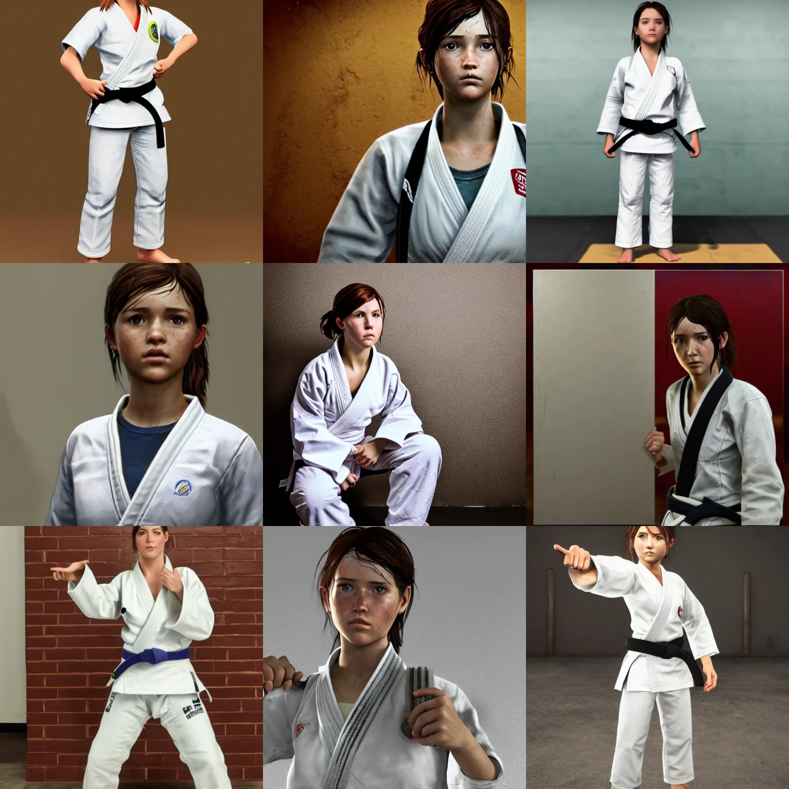 Prompt: Ellie from The Last of Us as a judo white belt, wearing a white gi, in a dojo, photo portrait