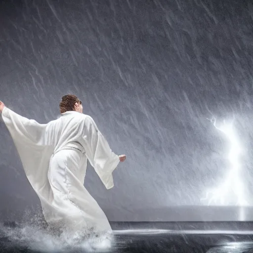 Prompt: wide cinematic shot of a wizard in a white robe fighting a wizard in a black robe during a thunderstorm. very suspensful