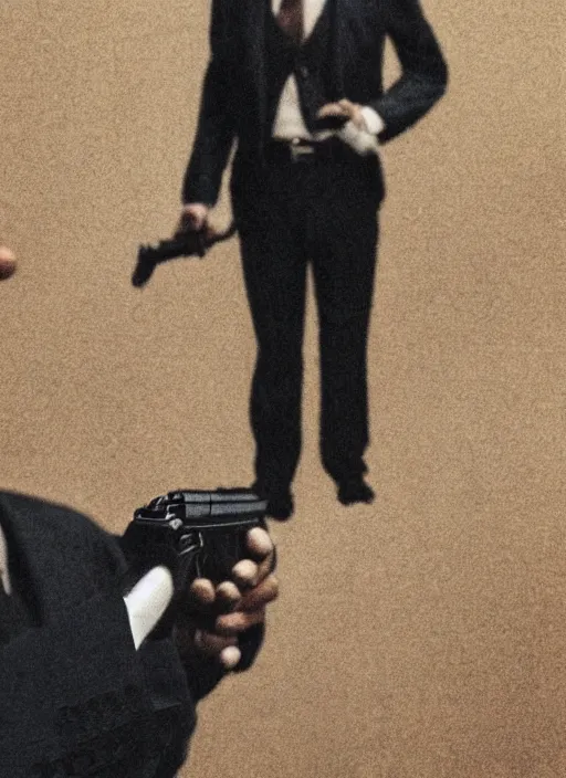Image similar to a man in a pinstripe suit holding a gun