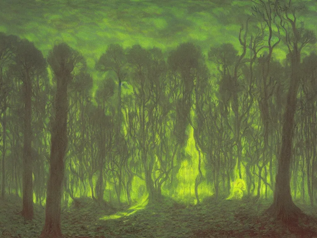 Image similar to ! dream glowing forest of mounds in the auroral psychedelia. dark, looming shadows over the mask. painting by monet, arnold bocklin, wayne barlowe, agnes pelton, rene magritte