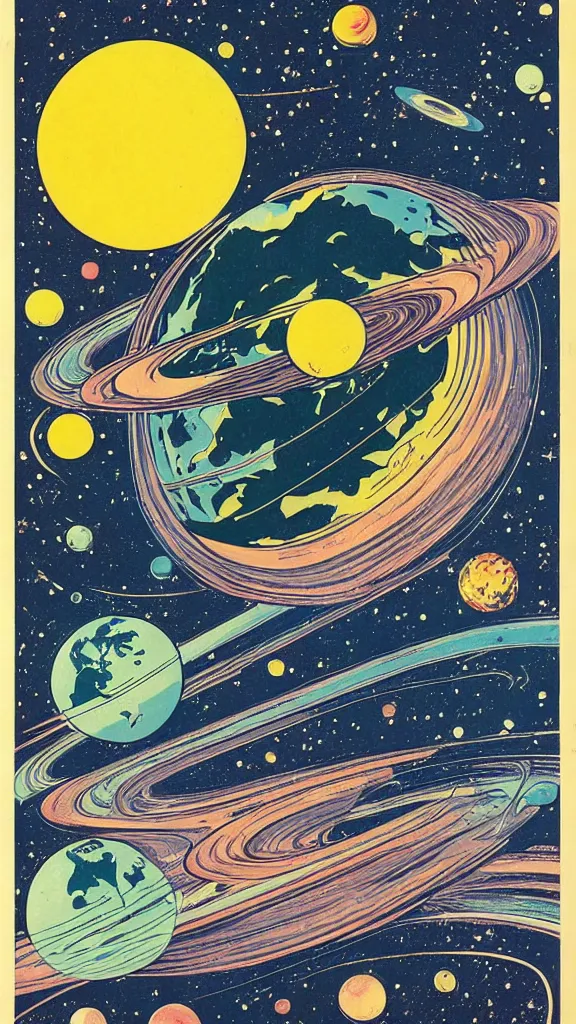 Image similar to planet earth seen from very very far away with the empty cosmic landscape on the background. Retro comic art poster.