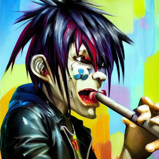 Image similar to high quality high detail painting of gorillaz noodle by ashley wood, hd, photorealistic lighting, vivid colors