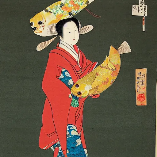 Prompt: painting of a 1 8 th century japanese woman holding a koi fish, colorful, by goshun matsumura, by toyohiko okamoto, by keibun matsumura