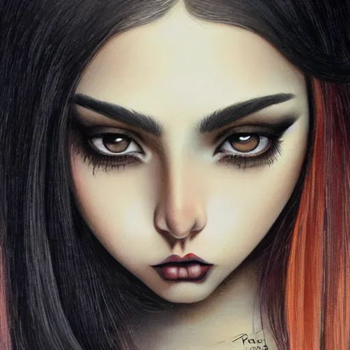 Image similar to a painting of an emo goth mexican girl with long dark hair thick eyebrows dark eyes and dark circles wide nose big eyes oval face shape big cheeks, a photorealistic painting by tran nguyen and ilya kuvshinov, featured on deviantart, gothic art, goth, gothic, detailed painting