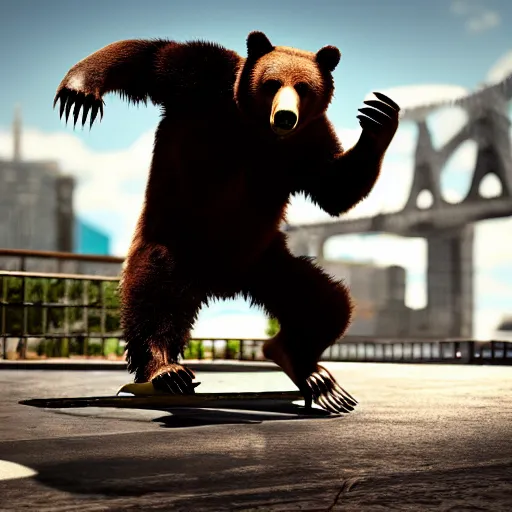 Prompt: a bear rips off tony hawk's legs, photograph, hyper realistic, outdoors, midafternoon, 4 k, artstation, unreal engine, cinematic