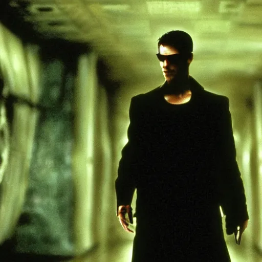 Image similar to Tom Cruise as Neo in The Matrix, movie still