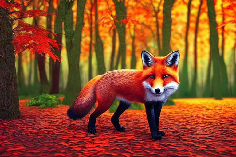 Image similar to super detailed color lowpoly art, red fox in an autumn maple forest, unreal engine, retrowave color palette, 3 d render, lowpoly, colorful, digital art, perspective