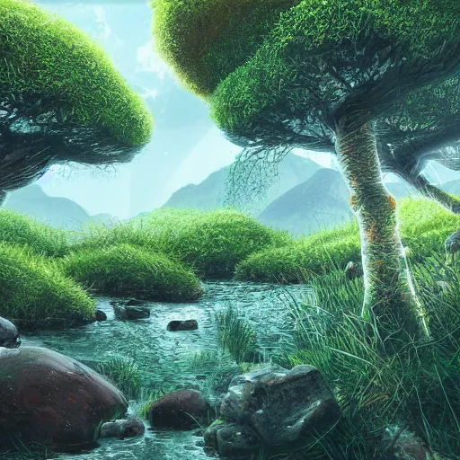 Prompt: painting of a lush natural scene on an alien planet by vincent bons. ultra sharp high quality digital render. detailed. beautiful landscape. weird vegetation. water.