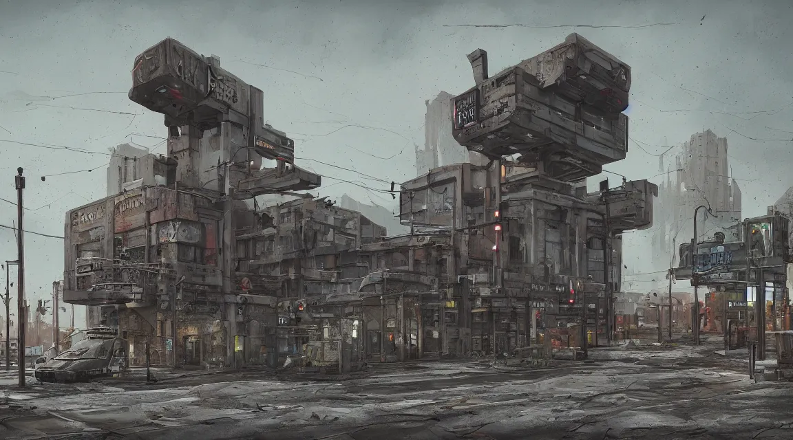 Image similar to Post Apocalyptic police station, building, avenue, urban architecture, americana architecture, concrete architecture, paved roads, by Simon Stålenhag, by h.r. giger, trending on artstation, Photorealistic