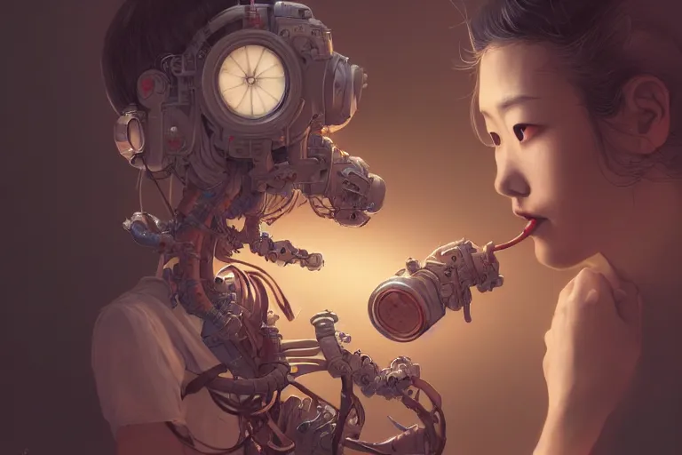 Image similar to hyperrealistic photography of a machine entering a female host in the style of Jin Kagetsu, James Jean and wlop, highly detailed, sharp focus, intricate concept art, digital painting, ambient lighting, 4k, artstation