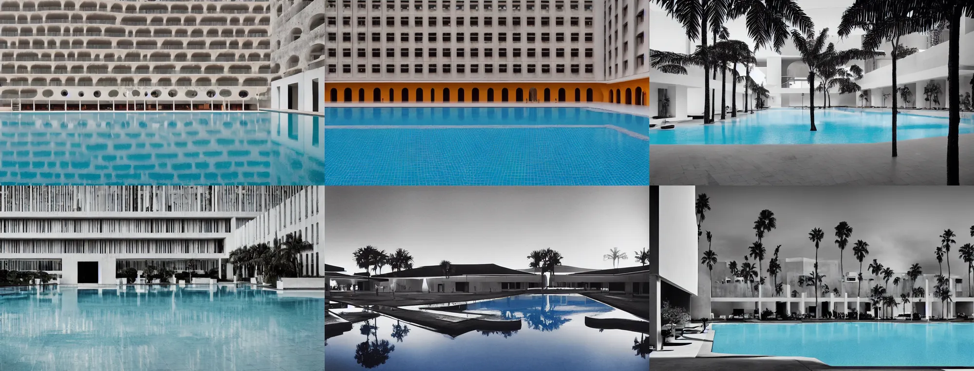 Prompt: symmetrical establishing shot of The courtyard of a monochrome modernist hotel designed by Luis Barragán, An empty swimming pool in the foreground. photographed by Wes Anderson and Andreas Gursky. Cinematic, dramatic lighting, moody, eerie, illustration Sigma 75mm, very detailed, golden hour, Symmetrical, centered, intricate, Dynamic Range, HDR,