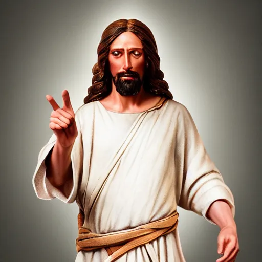 Image similar to uhd real 8 k photo of jesus showing his middle finger, digital art, portrait, portrait concept art, special effects, finely detailed, studio lighting, correct details, correct face, accurate middle finger