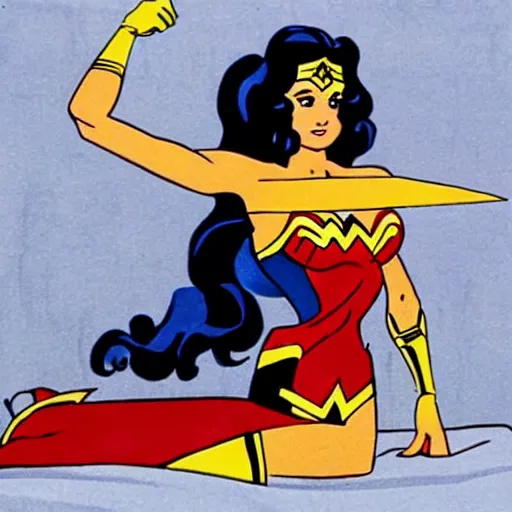 Image similar to wonder woman tied to a bed