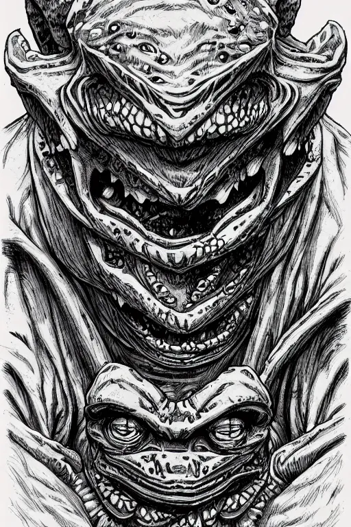 Image similar to frog goblin, symmetrical, goblin, highly detailed, digital art, sharp focus, trending on art station, kentaro miura manga art style