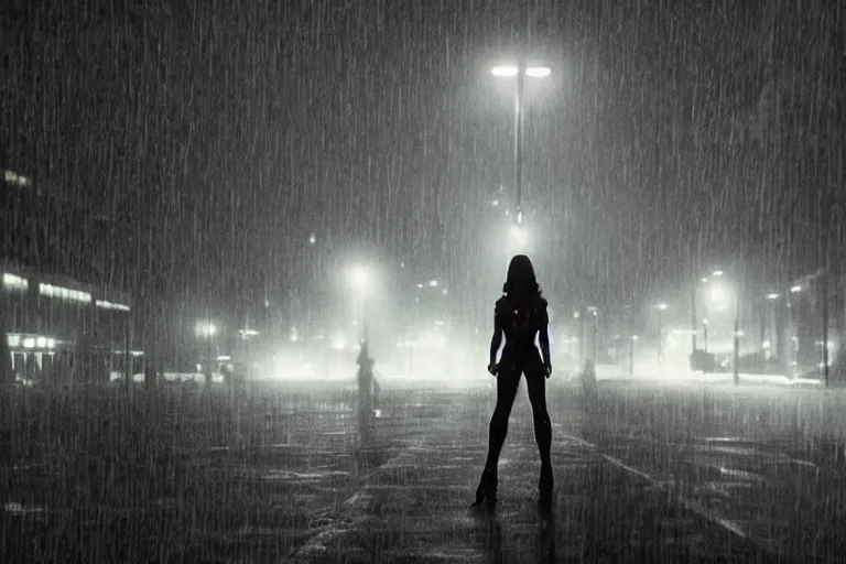 Image similar to vfx marvel sci-fi woman black super hero robot photo real, city street night lighting, rain and fog by Emmanuel Lubezki