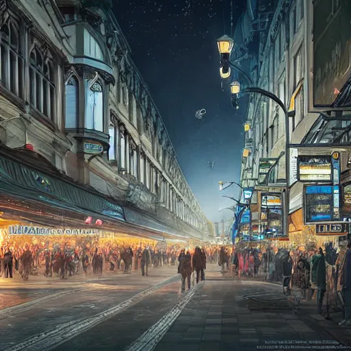 Image similar to ultra realistic illustration and highly detailed digital render of a intricate busy street by the central railway station, inside helsinki, finland, 2 0 2 2, by greg rutkowski and makoto shinkai, nighttime, dark sky, twinkly stars, amazing sky, migrating birds in the sky, colorful street lamps along road, natural stone road, asian style vendors