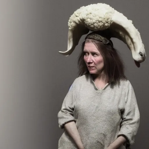 Image similar to A woman with a sheep head, photorealistic, film still