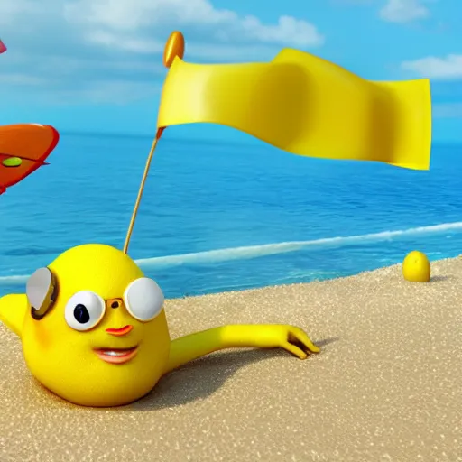 Image similar to a supercute lemon cartoon character, that is fit and muscular, it's is relaxing on a beach, inspired by dalle - 2, octane render, 3 d, volumetric lightening