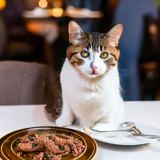 Image similar to A photo of a cat wearing a suit sitting in a fancy and expensive gourmet restaurant and eating a plate of cat food. f/2.8, dim lighting, award winning photo