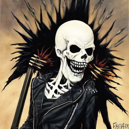 Image similar to a portrait of the grim reaper as a punk rocker playing an electric guitar, punk, skeleton face, mohawk, dark, fantasy, leather jackets, spiked collarsand wristbands, piercings, boots, ultrafine detailed oil on canvas painting by frank frazetta and vito acconci and and takeshi obata, death note style, symetric body, sharp focus