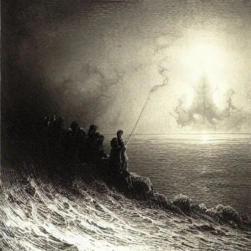 Prompt: Gustave Dore between the straits of fear