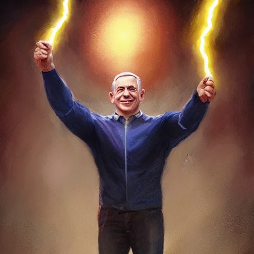Prompt: portrait of benjamin netanyahu smirking while holding lightning bolts with his hands, by artgerm and greg rutkowski