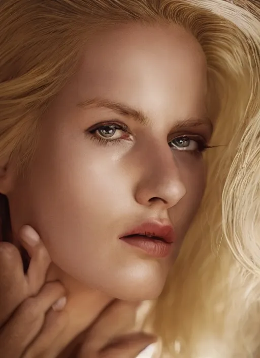 Prompt: closeup portrait of a beautiful blonde extraterrestrial woman, depth of field, zeiss lens, detailed, symmetrical, centered, fashion photoshoot, by Annie Leibovitz and Steve McCurry, David Lazar, Jimmy Nelsson, Breathtaking, 8k resolution, extremely detailed, beautiful, establishing shot, artistic, hyperrealistic, beautiful face, octane render
