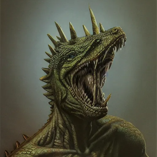 Image similar to lizardman warrior concept, tribal, beksinski